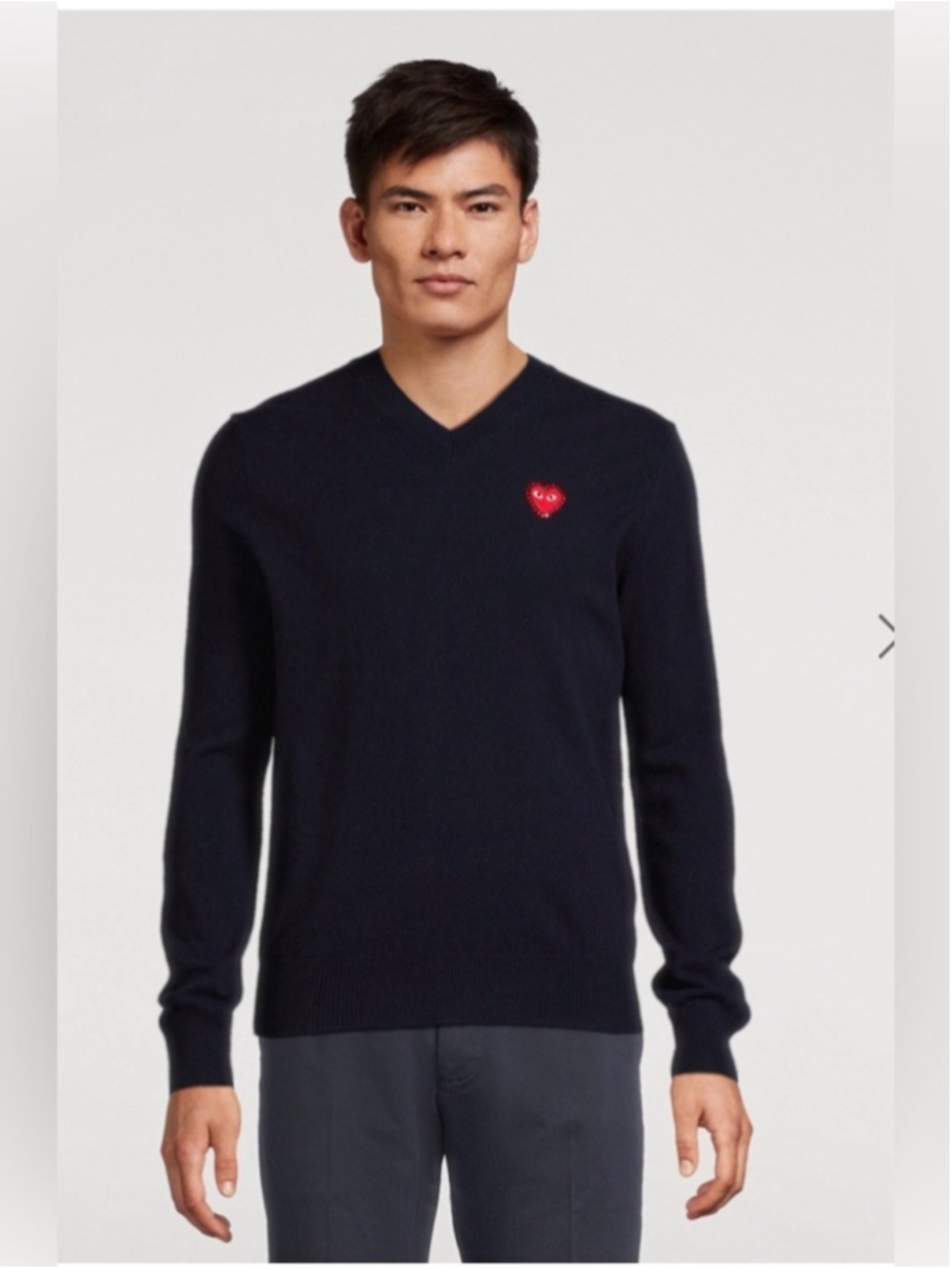 Play Comme des Garcons Men's V-Neck Wool Sweater with Heart Patch Size XL